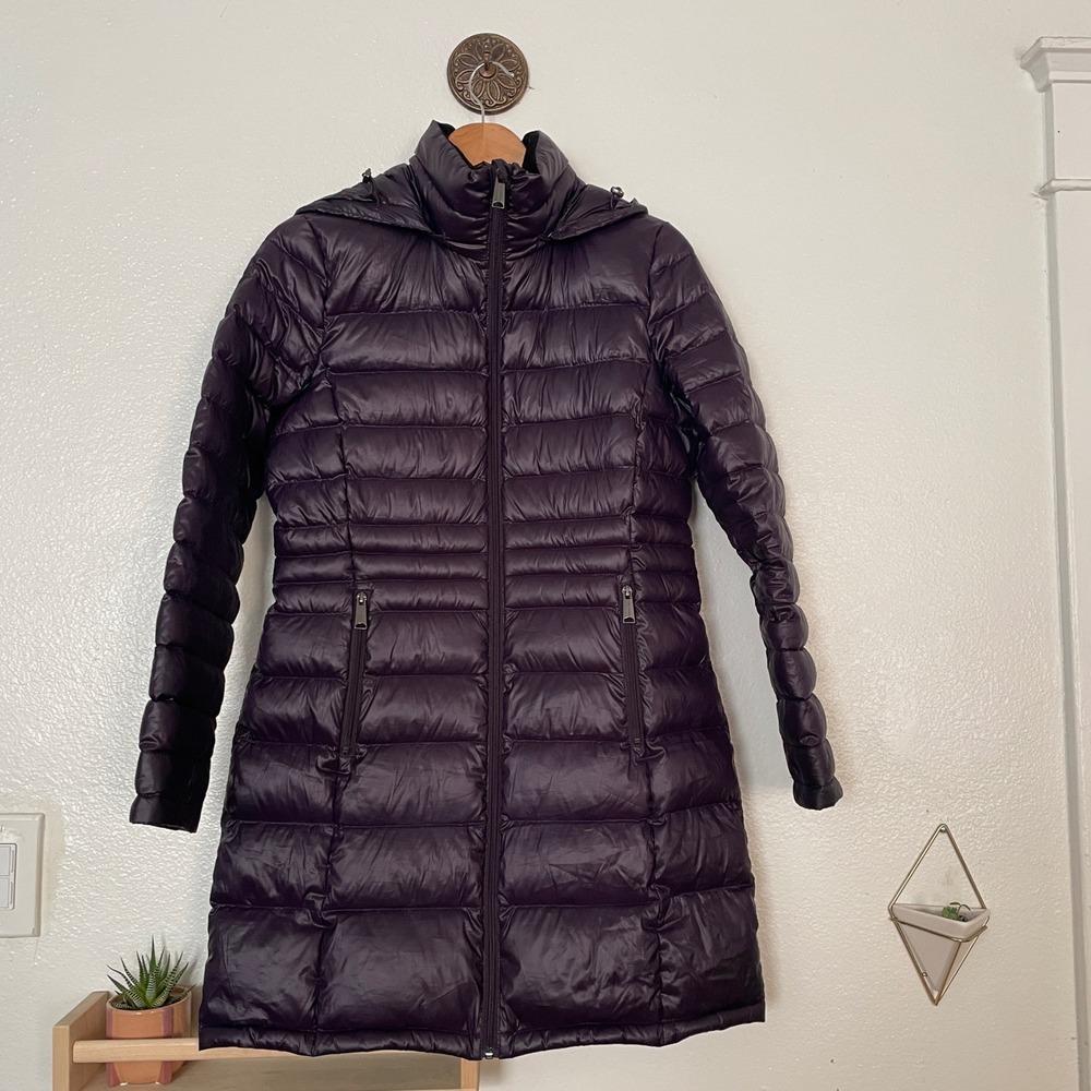 Andrew Marc Womens Packable Lightweight Down Puffer Jacket Purple Small Hooded